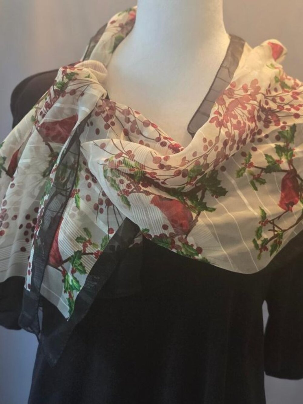 Cardinal Christmas Scarf Sheer Holly Berry Holiday Wrap Ivory Black 56"